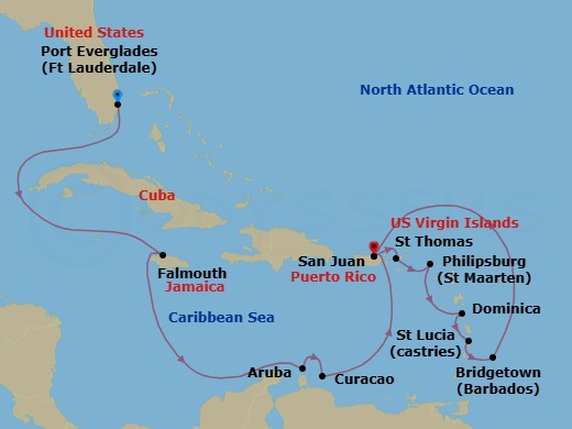 14 Night - Southern Caribbean Adventurer Holiday - Emerald Princess - Starting in Fort Lauderdale, Florida, Falmouth, Jamaica, Aruba, Curacao, San Juan, Puerto Rico, St Thomas, US Virgin Islands, St Maarten, Dominica, St Lucia, Barbados, San Juan, Puerto Rico itinerary map