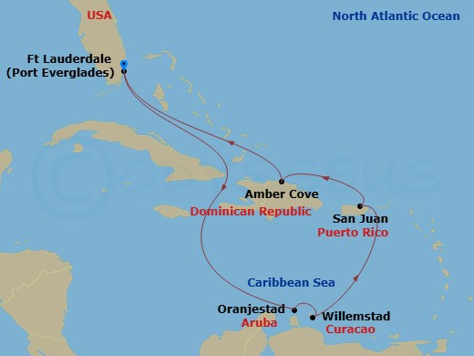 9 Night - Southern Caribbean with Aruba - Caribbean Princess - Starting in Fort Lauderdale, Florida, Aruba, Curacao, San Juan, Puerto Rico, Amber Cove, Dominican Republic, Fort Lauderdale, Florida itinerary map