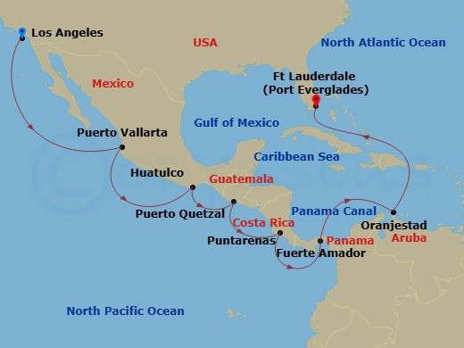 16 Night - Panama Canal - Ocean to Ocean - Emerald Princess - Starting in Los Angeles, California, Puerto Vallarta, Mexico, Huatulco, Mexico, Puerto Quetzal, Guatemala, Puntarenas, Costa Rica, Fuerte Amador, Panama (for Panama City), Panama Canal Full Transit New Locks, Aruba, Fort Lauderdale, Florida itinerary map