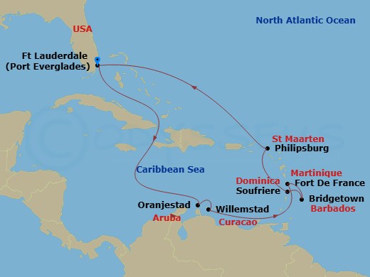 12 Night - Southern Caribbean with Aruba - Caribbean Princess - Starting in Fort Lauderdale, Florida, Aruba, Curacao, Martinique, Barbados, Dominica, St Maarten, Fort Lauderdale, Florida itinerary map