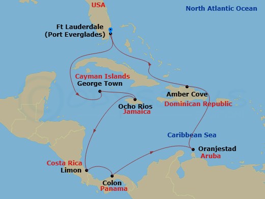 12 Night - Southern Caribbean with Panama - Caribbean Princess - Starting in Fort Lauderdale, Florida, Grand Cayman, Cayman Islands, Ocho Rios, Jamaica, Limon, Costa Rica, Colon, Panama, Aruba, Amber Cove, Dominican Republic, Fort Lauderdale, Florida itinerary map