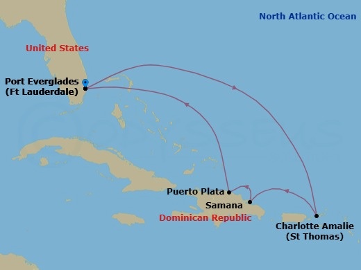 7 Night - St Thomas & D.R. Holiday Cruise - Celebrity Beyond - Starting in Fort Lauderdale, Florida, Charlotte Amalie, St Thomas, Samana, Dominican Republic, Puerto Plata, Dominican Republic, Fort Lauderdale, Florida itinerary map