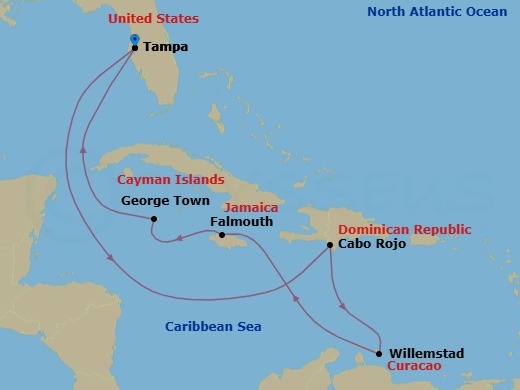 10 Night - Southern Caribbean - Tampa - Norwegian Gem - Starting in Tampa, Fl, Cabo Rojo, Dominican Republic, Willemstad AN, Netherlands Antilles, Falmouth, Jamaica, George Town, Cayman Islands, Tampa, Fl itinerary map
