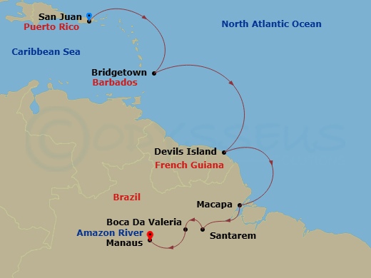 11 Night - A Journey Through Coastal History & the Heart of the Amazon - EXPLORA II - Starting in San Juan, Little Bay, Bridgetown, Devils Island, Macapa, Santarem, Boca Da Valeria, Manaus itinerary map