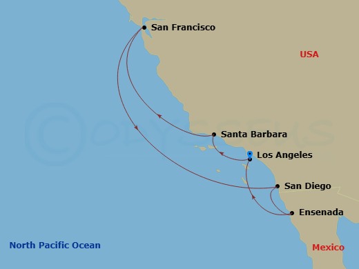 7 Night - Classic California Coast - Emerald Princess - Starting in Los Angeles, California, Santa Barbara, California, San Francisco, California, San Diego, California, Ensenada, Mexico, Los Angeles, California itinerary map