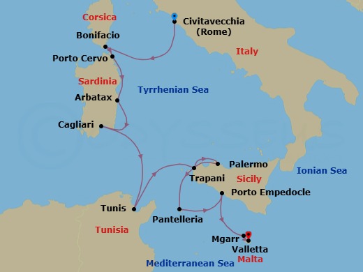 11 Night - Unhurried Islands of the Mediterranean : Corsica, Sardinia & Sicily - Emerald Sakara - Starting in Civitavecchia (Rome), Italy, Bonifacio, Corsica, France, Porto Cervo, Sardinia, Italy, Arbatax, Sardinia, Italy, Cagliari, Sardinia, Italy, Tunis, Tunisia, Trapani, Sicily, Italy, Palermo, Sicily, Italy, Pantelleria Island, Italy, Porto Empedocle, Sicily, Italy, Mgarr, Malta, Valletta, Malta itinerary map