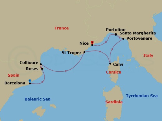 7 Night - Yachting Gems of the French and Italian Rivieras - Emerald Sakara - Starting in Barcelona, Spain, Roses, Spain, Collioure, France, Saint-Tropez, France, Calvi, France, Porto Venere, Italy, Santa Margherita Ligure, Italy / Portofino, Italy, Nice, France itinerary map