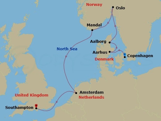 8 Night - A Journey of Charming Villages & Glorious Waterside Scenery - EXPLORA IV - Starting in Copenhagen, Aarhus, Aalborg, Oslo, Mandal, Amsterdam, Southampton itinerary map