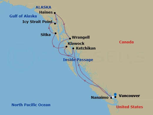 10 Night - Alaska Cruise : Ketchikan, Sitka & Icy Strait Point - Azamara Pursuit - Starting in Vancouver, British Columbia, Cruising Inside Passage, Ketchikan (Ward Cove), Alaska, Klawock, Alaska, Sitka, Alaska, Icy Strait Point, Alaska, Haines, Alaska, Wrangell, Cruising Inside Passage, Nanaimo, British Columbia, Vancouver, British Columbia itinerary map