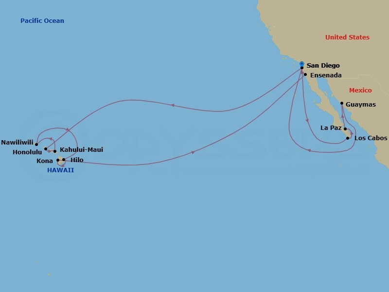24 Night - Mexico Riviera & Circle Hawaii - Koningsdam - Starting in San Diego, California, Cabo San Lucas, Mexico, Pichilingue (La Paz), Mexico, Guaymas, Mexico, San Diego, California, Honolulu, Hawaii, Kahului, Maui, Nawiliwili, Kauai, Hawaii, Hilo, Hawaii, Kona, Hawaii, Ensenada, Mexico, San Diego, California itinerary map