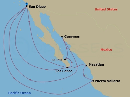 14 Night - Mexican Riviera & Baja Peninsula Holiday - Koningsdam - Starting in San Diego, California, Puerto Vallarta, Mexico, Mazatlan, Mexico, Cabo San Lucas, Mexico, San Diego, California, Cabo San Lucas, Mexico, Pichilingue (La Paz), Mexico, Guaymas, Mexico, San Diego, California itinerary map