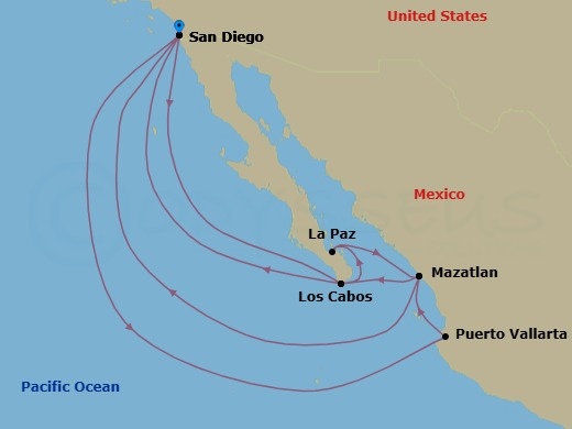 14 Night - Mexican Riviera & Baja Peninsula Holiday - Koningsdam - Starting in San Diego, California, Cabo San Lucas, Mexico, Pichilingue (La Paz), Mexico, Mazatlan, Mexico, San Diego, California, Puerto Vallarta, Mexico, Mazatlan, Mexico, Cabo San Lucas, Mexico, San Diego, California itinerary map