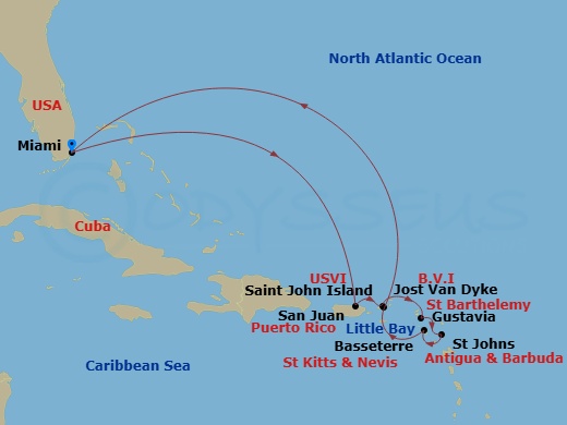 12 Night - Miami to Miami - Silver Shadow - Starting in Miami, Fl, San Juan, St John VI, Gustavia, St Barthelemy, St Johns, Little Bay, Montserrat, St Kitts (Basseterre), Jost Van Dyke, British Virgin Islands, Miami, Fl itinerary map