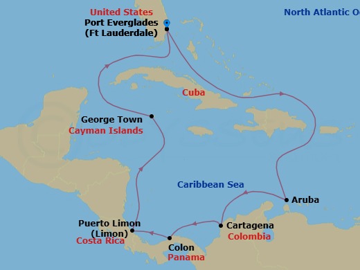 12 Night - Panama Canal with Costa Rica & Caribbean - Caribbean Princess - Starting in Fort Lauderdale, Florida, Aruba, Cartagena CO, Panama Canal Partial Transit New Locks, Colon, Panama, Limon, Costa Rica, Grand Cayman, Cayman Islands, Fort Lauderdale, Florida itinerary map