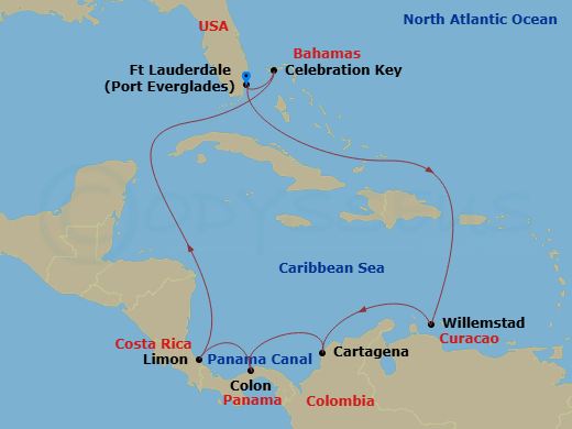 12 Night - Panama Canal with Costa Rica & Caribbean - Caribbean Princess - Starting in Fort Lauderdale, Florida, Curacao, Cartagena CO, Panama Canal Partial Transit New Locks, Colon, Panama, Limon, Costa Rica, Celebration Key, Bahamas, Fort Lauderdale, Florida itinerary map