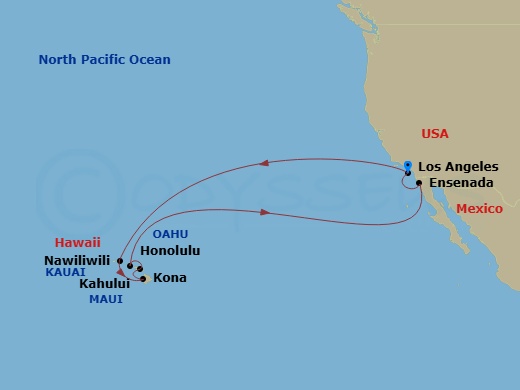 16 Night - Hawaiian Islands Holiday - Emerald Princess - Starting in Los Angeles, California, Kauai (Nawiliwili), Hawaii, Kona, Hawaii, Kahului, Hawaii, Honolulu, Hawaii, Ensenada, Mexico, Los Angeles, California itinerary map
