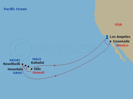 16 Night - Hawaiian Islands - Emerald Princess - Starting in Los Angeles, California, Hilo, Hawaii, Honolulu, Hawaii, Kauai (Nawiliwili), Hawaii, Kahului, Hawaii, Ensenada, Mexico, Los Angeles, California itinerary map
