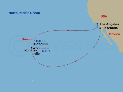 16 Night - Hawaiian Islands - Emerald Princess - Starting in Los Angeles, California, Kahului, Hawaii, Hilo, Hawaii, Kona, Hawaii, Honolulu, Hawaii, Ensenada, Mexico, Los Angeles, California itinerary map