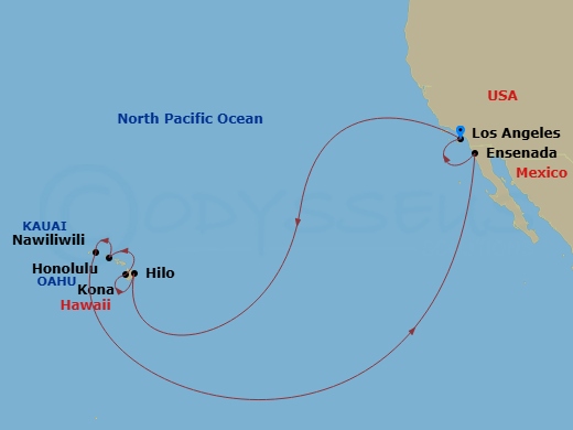 16 Night - Hawaiian Islands - Emerald Princess - Starting in Los Angeles, California, Hilo, Hawaii, Kona, Hawaii, Honolulu, Hawaii, Kauai (Nawiliwili), Hawaii, Ensenada, Mexico, Los Angeles, California itinerary map