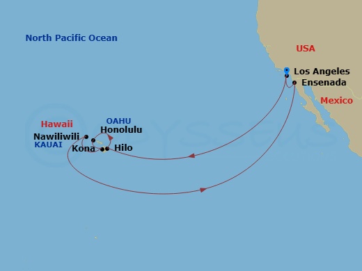 16 Night - Hawaiian Islands - Emerald Princess - Starting in Los Angeles, California, Hilo, Hawaii, Honolulu, Hawaii, Kona, Hawaii, Kauai (Nawiliwili), Hawaii, Ensenada, Mexico, Los Angeles, California itinerary map
