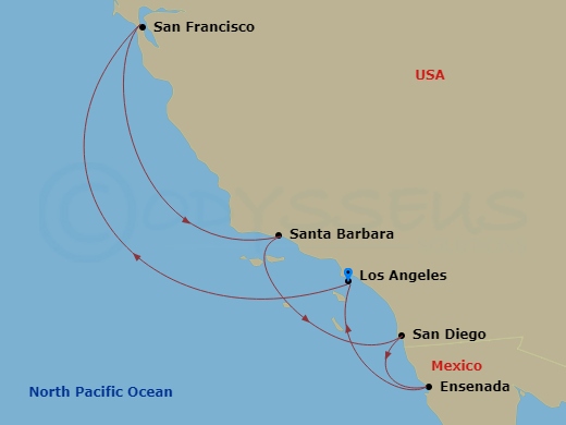 7 Night - Classic California Coast - Emerald Princess - Starting in Los Angeles, California, San Francisco, California, Santa Barbara, California, San Diego, California, Ensenada, Mexico, Los Angeles, California itinerary map