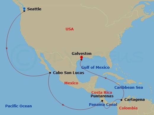 16 Night - Journeys - Panama Canal - Carnival Miracle - Starting in Seattle, Wa, Cabo San Lucas, Mexico, Puntarenas, Costa Rica, Panama Canal Transit, Cartagena CO, Galveston, Tx itinerary map