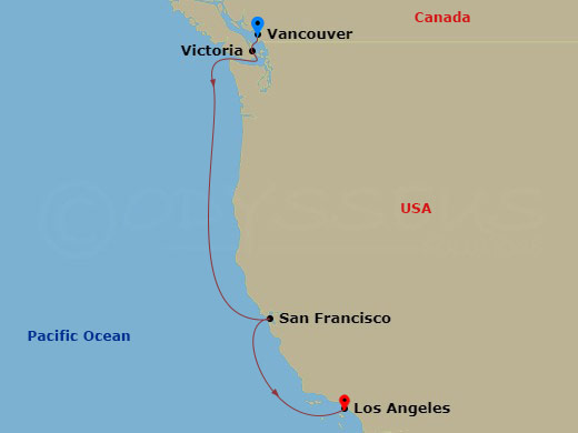 6 Night - Pacific Wine Country - Emerald Princess - Starting in Vancouver, Canada, Victoria CA, San Francisco, California, Los Angeles, California itinerary map