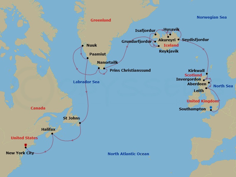 28 Night - Canada / New England from Southampton to New York City - Silver Spirit - Starting in Southampton, Edinburgh, Aberdeen, Invergordon, United Kingdom, Kirkwall, Seydisfjordur, Husavik, Akureyri, Isafjordur, Reykjavik, Grundarfjordur, Prince Christian Sound, Nanortalik, Nuuk, Paamiut, St Johns NF, Halifax, New York itinerary map