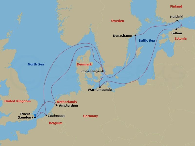 12 Night - Scandinavia & Baltic - Carnival Miracle - Starting in Dover UK (London), England, Amsterdam, the Netherlands, Copenhagen, Denmark, Warnemunde (Berlin), Germany, Tallinn, Estonia, Helsinki, Finland, Nynashamn (Stockholm), Sweden, Zeebrugge (Brussels), Belgium, Dover UK (London), England itinerary map