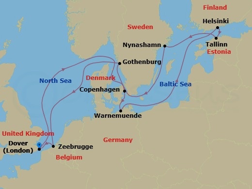 12 Night - Scandinavia & Baltic - Carnival Miracle - Starting in Dover UK (London), England, Copenhagen, Denmark, Warnemunde (Berlin), Germany, Helsinki, Finland, Tallinn, Estonia, Nynashamn (Stockholm), Sweden, Gothenburg, Sweden, Zeebrugge (Brussels), Belgium, Dover UK (London), England itinerary map