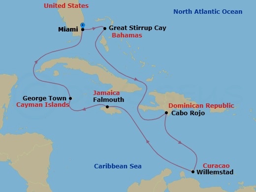 10 Night - Southern Caribbean - Miami - Norwegian Jewel - Starting in Miami, Fl, Great Stirrup Cay, Bahamas, Cabo Rojo, Dominican Republic, Willemstad AN, Netherlands Antilles, Falmouth, Jamaica, George Town, Cayman Islands, Miami, Fl itinerary map
