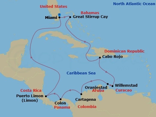 12 Night - Panama Canal - Miami - Norwegian Sun - Starting in Miami, Fl, Great Stirrup Cay, Bahamas, Cabo Rojo, Dominican Republic, Willemstad AN, Netherlands Antilles, Oranjestad, Aruba, Cartagena CO, Panama Canal Gatun Lake, Panama, Colon, Panama, Puerto Limon, Costa Rica, Miami, Fl itinerary map