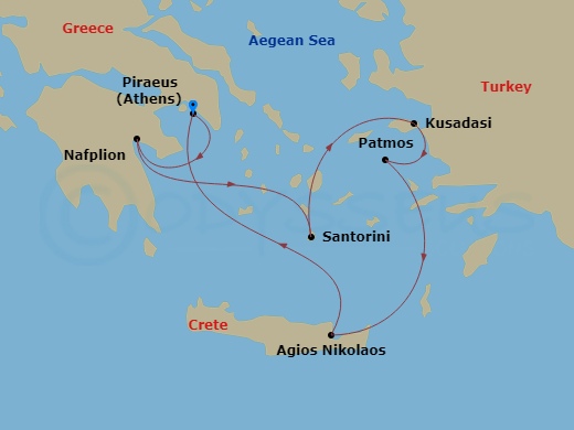 7 Night - Grecian Rhapsody - Seven Seas Splendor - Starting in Athens (Piraeus), Nafplion, Santorini, Kusadasi, Patmos, Aghios Nikolaos (Crete), Cruising the Sea of Crete, Athens (Piraeus) itinerary map