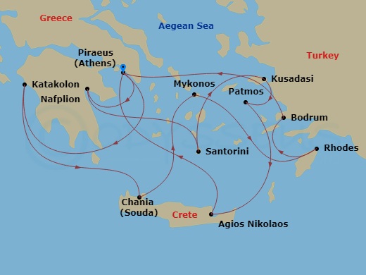 14 Night - Aegean Panoramas - Seven Seas Splendor - Starting in Athens (Piraeus), Cruising the Mediterranean Sea, Katakolon, Chania (Crete), Mykonos, Rhodes, Bodrum, Athens (Piraeus), Nafplion, Santorini, Kusadasi, Patmos, Aghios Nikolaos (Crete), Cruising the Sea of Crete, Athens (Piraeus) itinerary map