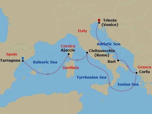 6 Night - Msc Grand Voyages - MSC Splendida - Starting in Tarragona, Spain, Ajaccio (Corsica), France, Civitavecchia (Rome), Italy, Corfu, Greece, Bari, Italy, Trieste (Venice), Italy itinerary map