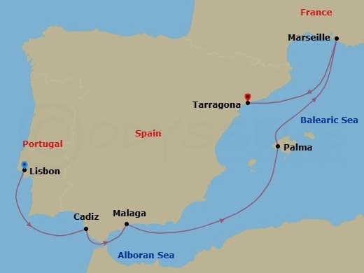 5 Night - Msc Grand Voyages - MSC Meraviglia - Starting in Lisbon (Cascais), Portugal, Cadiz (Seville), Spain, Malaga (Granada), Spain, Palma De Mallorca (Balearic Islands), Spain, Marseille (Provence), France, Tarragona, Spain itinerary map