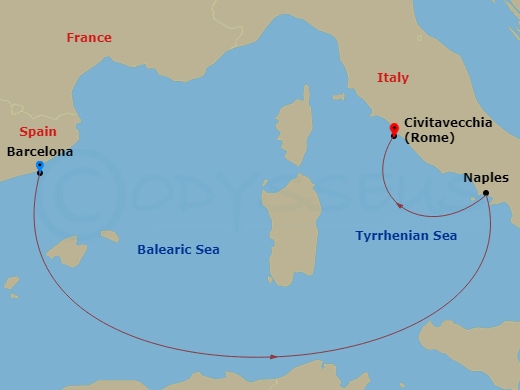 3 Night - Msc Grand Voyages - MSC Divina - Starting in Barcelona, Spain, Naples (Pompeii), Italy, Civitavecchia (Rome), Italy itinerary map
