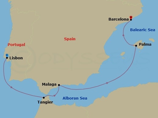7 Night - Msc Grand Voyages - MSC Seaview - Starting in Lisbon (Cascais), Portugal, Tangier (Tetouan), Morocco, Malaga (Granada), Spain, Palma De Mallorca (Baleari Is), Spain, Barcelona, Spain itinerary map