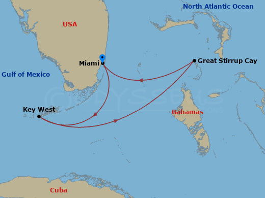 4 Night - Bahamas - Short - Norwegian Viva - Starting in Miami, Fl, Key West, FL, Great Stirrup Cay, Bahamas, Miami, Fl itinerary map