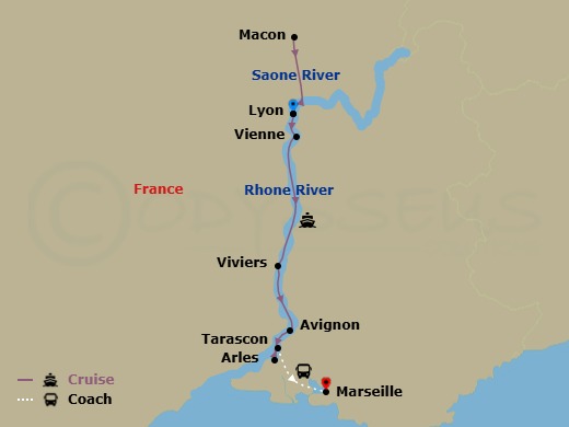7 Night - Idyllic Rhone - Scenic Sapphire - Starting in Lyon, Macon, Lyon, Vienne, Viviers / Avignon, Avignon, Arles, Tarascon / Marseille itinerary map