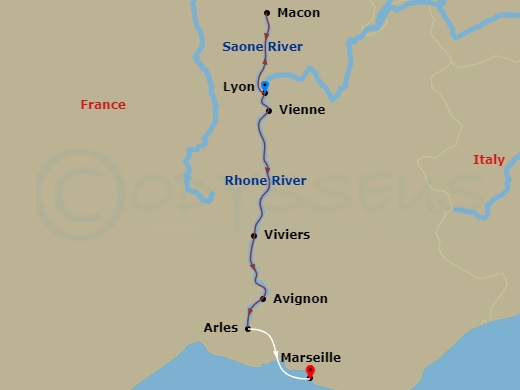 7 Night - Tastes of the Rhone - a Culinary Cruise - Scenic Sapphire - Starting in Lyon, Macon, Vienne, Viviers / Avignon, Avignon, Arles, Tarascon / Marseille itinerary map