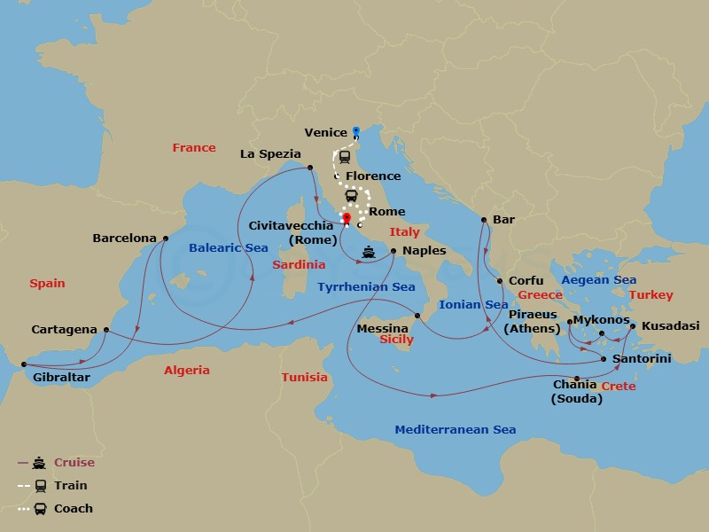 27 Night - Classic Italy - Tour 4C - Sun Princess Tours - Starting in Venice, Italy, Florence, Italy, Rome, Italy, Civitavecchia (for Rome), Italy, Naples, Italy (for Capri and Pompeii), Crete (Chania), Greece, Kusadasi, Turkey (for Ephesus), Mykonos, Greece, Athens (Piraeus), Greece, Santorini, Greece, Montenegro, Corfu, Greece, Sicily (Messina), Italy, Barcelona, Spain, Gibraltar, Cartagena ES, La Spezia (for Florence / Pisa), Italy, Civitavecchia (for Rome), Italy itinerary map