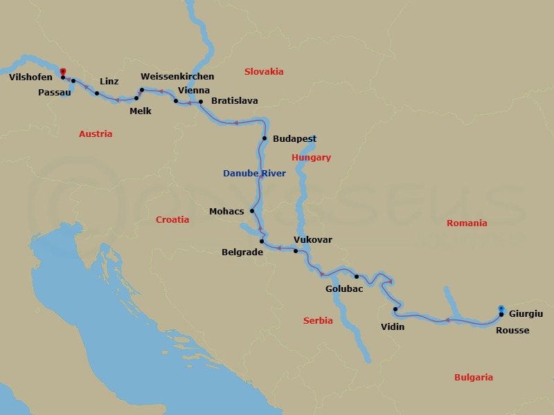 14 Night - Grand Danube (Christmas Day Celebration) - AmaBella - Starting in Giurgiu, Rousse, Vidin, Golubac, Belgrade, Vukovar, Mohacs, Budapest, Bratislava, Vienna, Weissenkirchen, Melk, Linz, Passau, Vilshofen itinerary map