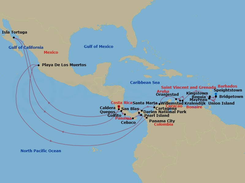 25 Night - Epic Caribbean Escape : Barbados to Costa Rica - Emerald Azzurra - Starting in Bridgetown, Barbados, Bridgetown / Speightstown, Barbados, Kingstown / Bequia Island, Saint Vincent and the Grenadines, Bequia Island / Mayreau Island, Saint Vincent and the Grenadines, Mayreau Island / Union Island, Saint Vincent and the Grenadines, Union Island, Saint Vincent and the Grenadines, Union Island / Tobago Cays, Saint Vincent and the Grenadines, Bridgetown, Barbados, Bequia Island, Saint Vincent and the Grenadines, Mayreau Island, Saint Vincent and the Grenadines, Kralendijk, Bonaire, Willemstad AN, Curacao, Oranjestad, Aruba, Santa Marta, Colombia, Cartagena CO, San Blas Islands, Panama, Transit Panama Canal / at Sea, Panama City, Panama, Pearl Islands, Panama, Playa del Muerto / Darien National Park, Panama, Isla Cebaco, Panama, Golfito, Costa Rica, Quepos, Costa Rica, Curu and Isla Tortuga, Costa Rica, Puerto Caldera, Costa Rica itinerary map