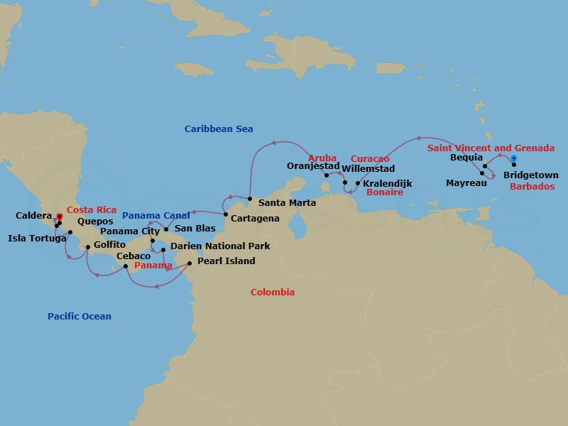 18 Night - Discover the Secrets of Panama and Costa Rica - Emerald Azzurra - Starting in Bridgetown, Barbados, Bequia Island, Saint Vincent and the Grenadines, Mayreau Island, Saint Vincent and the Grenadines, Kralendijk, Bonaire, Willemstad AN, Curacao, Oranjestad, Aruba, Santa Marta, Colombia, Cartagena CO, San Blas Islands, Panama, Transit Panama Canal / at Sea, Panama City, Panama, Pearl Islands, Panama, Playa del Muerto / Darien National Park, Panama, Isla Cebaco, Panama, Golfito, Costa Rica, Quepos, Costa Rica, Curu and Isla Tortuga, Costa Rica, Puerto Caldera, Costa Rica itinerary map