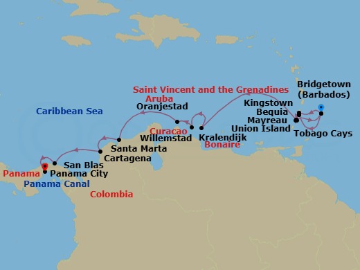 18 Night - Discover Barbados, Panama & Costa Rica - Emerald Azzurra - Starting in Bridgetown, Barbados, Bridgetown / Speightstown, Barbados, Kingstown / Bequia Island, Saint Vincent and the Grenadines, Bequia Island / Mayreau Island, Saint Vincent and the Grenadines, Mayreau Island / Union Island, Saint Vincent and the Grenadines, Union Island, Saint Vincent and the Grenadines, Union Island / Tobago Cays, Saint Vincent and the Grenadines, Bridgetown, Barbados, Bequia Island, Saint Vincent and the Grenadines, Mayreau Island, Saint Vincent and the Grenadines, Kralendijk, Bonaire, Willemstad AN, Curacao, Oranjestad, Aruba, Santa Marta, Colombia, Cartagena CO, San Blas Islands, Panama, Transit Panama Canal / at Sea, Panama City, Panama itinerary map