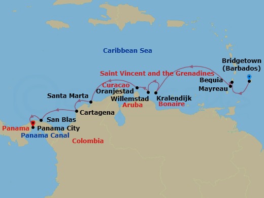 11 Night - Grenadines, Colombia & Panama Canal Transit - Emerald Azzurra - Starting in Bridgetown, Barbados, Bequia Island, Saint Vincent and the Grenadines, Mayreau Island, Saint Vincent and the Grenadines, Kralendijk, Bonaire, Willemstad AN, Curacao, Oranjestad, Aruba, Santa Marta, Colombia, Cartagena CO, San Blas Islands, Panama, Transit Panama Canal / at Sea, Panama City, Panama itinerary map