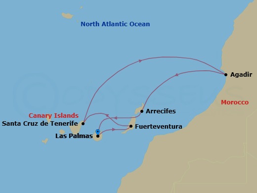 7 Night - Western Mediterranean from Las Palmas (Gran Canaria) - Costa Smeralda - Starting in Las Palmas (Gran Canaria), Port Rosario (Fuerteventura), Santa Cruz de Tenerife, Agadir, Arrecife (Lanzarote), Las Palmas (Gran Canaria) itinerary map
