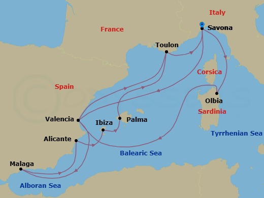 14 Night - Mediterranean Roundtrip from Savona - Costa Fascinosa - Starting in Savona, Olbia (costa Smeralda), Valencia, La Seyne (St Tropez), Savona, Valencia, Malaga, Alicante, Ibiza, Palma De Mallorca, La Seyne (St Tropez), Savona itinerary map