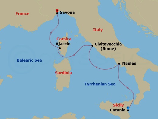 14 Night - Mediterranean Roundtrip from Toulon - Costa Fascinosa - Starting in La Seyne (St Tropez), Savona, Olbia (costa Smeralda), Valencia, La Seyne (St Tropez), Savona, Valencia, Malaga, Alicante, Ibiza, Palma De Mallorca, La Seyne (St Tropez) itinerary map